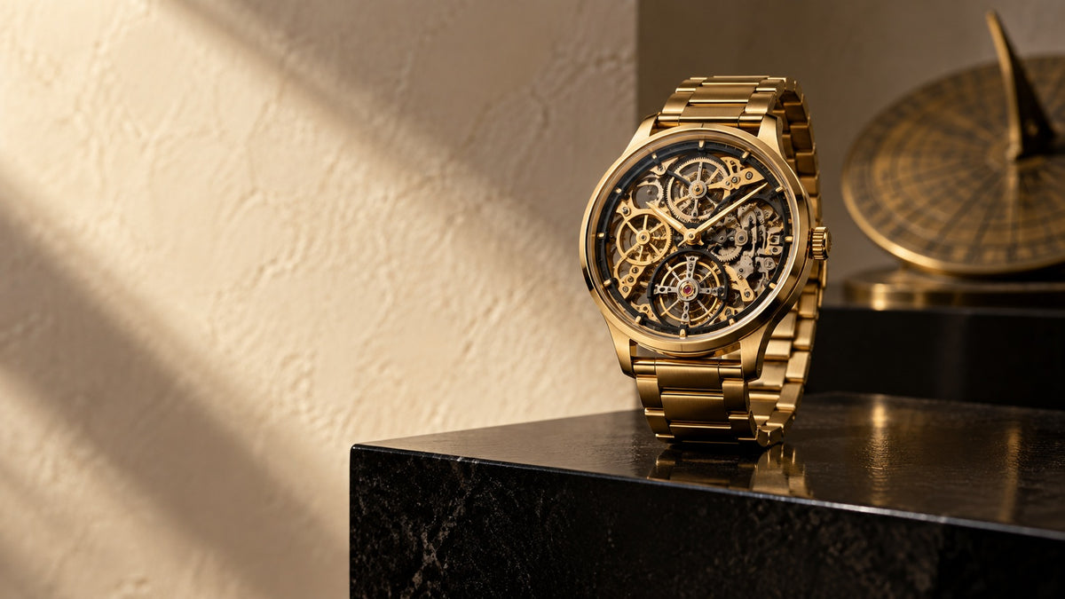 Gold-tone skeleton mechanical watch displayed on a black plinth against a cream wall with a brass sundial disc